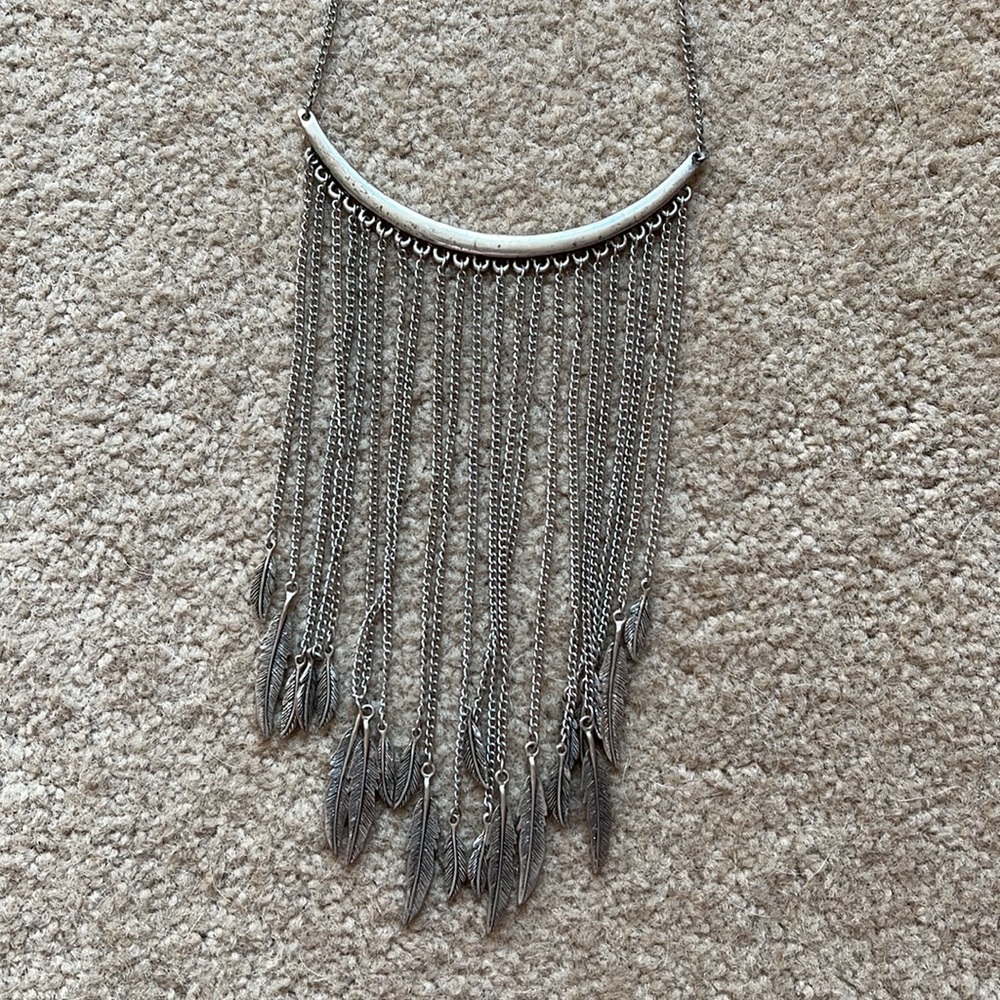 Boho Feather Chain Statement Silver Necklace - image 2